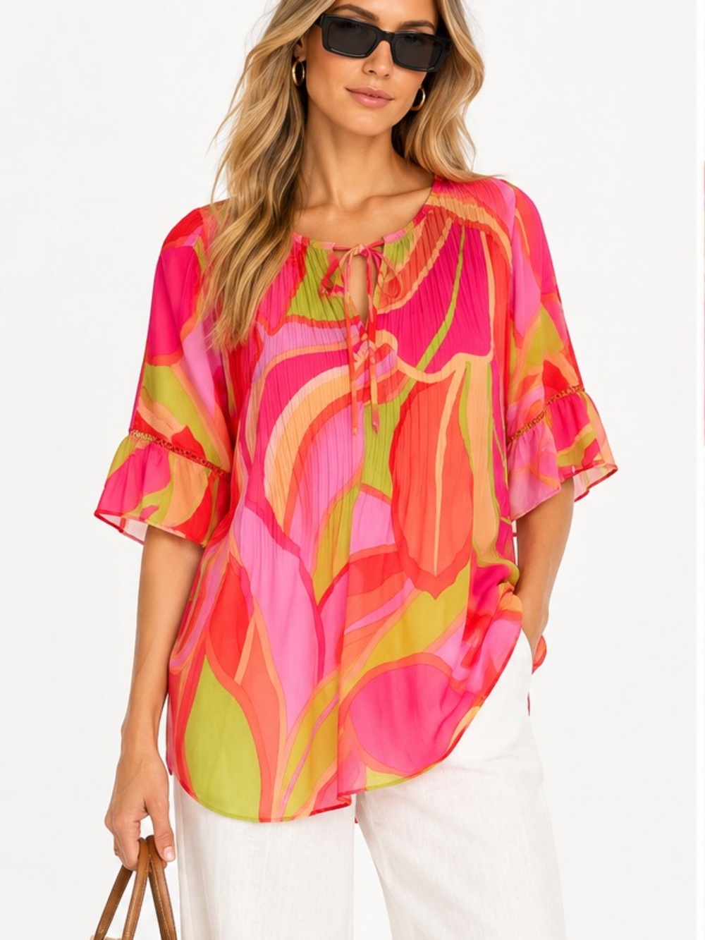 Sunny Leigh Pleated Abstract Print Tunic Blouse Pink Red Green Size 2X